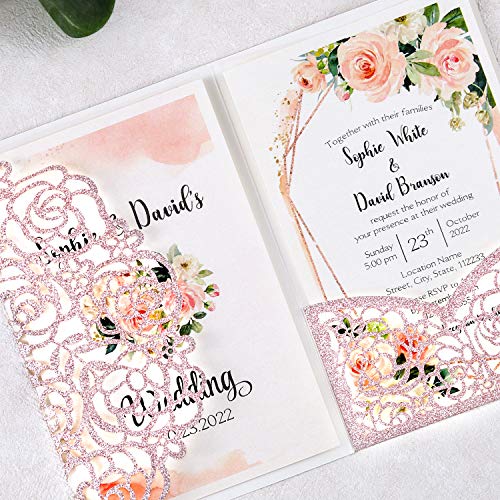 DreamBuilt 4.7 x7 inch 50PCS Blank Rose Gold Glitter Wedding Invitations Kit Laser Cut Hollow Rose Pocket Wedding Invitation Cards with Envelopes for Wedding Bridal Shower Engagement Invite