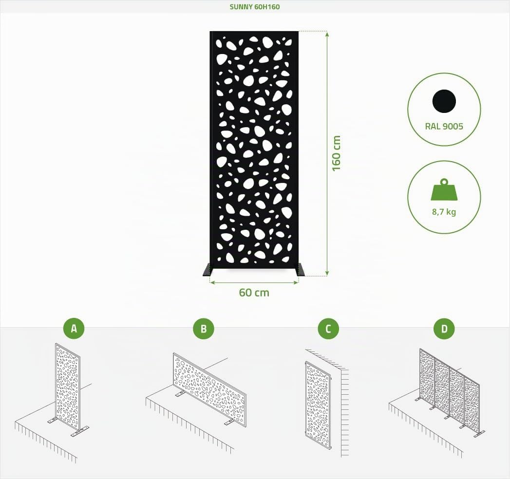 Casanoov Panneau Décoratif SUNNY 1,6x0,60m Acier Noir – Motif Galets Panneau Élégant et Moderne – Écran Intimité Extérieur Occultant Durable Installation Facile Clôture Jardin Terrasse 160x60cm