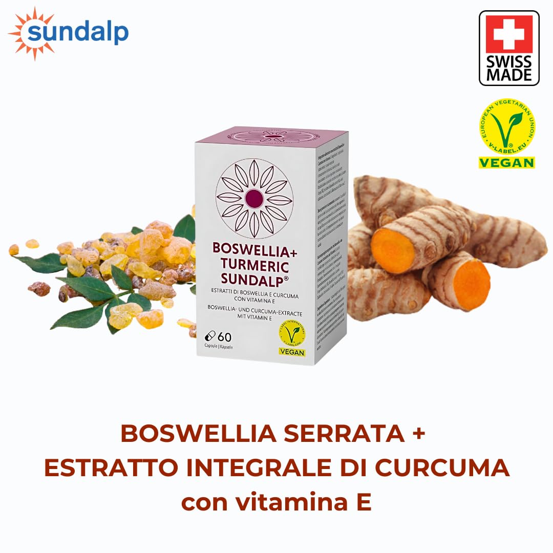 SUNDALP Boswellia + Turmeric | Integratore per Articolazioni e Dolori Muscolari Cronici | Integratore Alimentare con Estratti di Boswellia Serrata, Curcuma Longa e Vitamina E - 60 Capsule