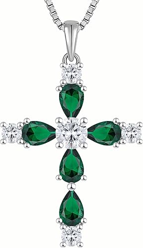 YL Collar de cruz para mujer de plata de ley 925 con dije de piedras preciosas con halo de piedra natal, joyería religiosa para mamá