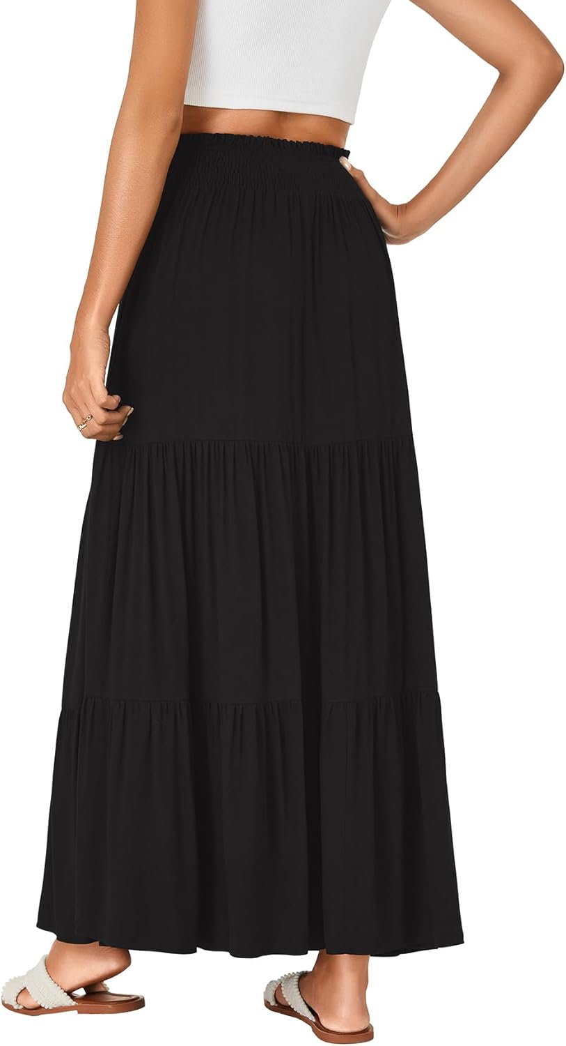 KIFOVEN Women's Maxi Skirt Summer Elastic High Waist A-Line Long Skirt Flowy Tiered Ruffle Casual Boho Skirt - Image 5