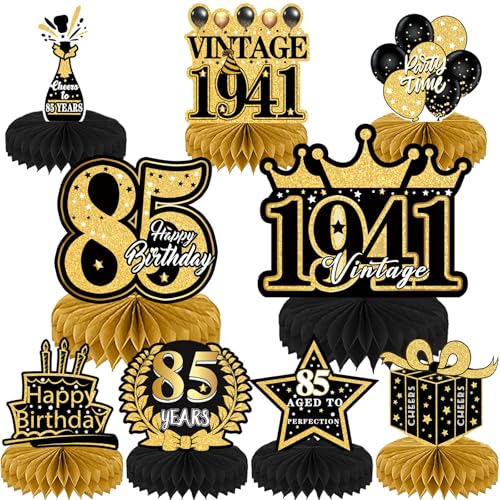 Refavor 85th Birthday Party Decorations 9PCS Happy Birthday Table Honeycomb Centerpiece Decoration Men Vintage Black and Gold Cheers to 85 Years Party Decor Women