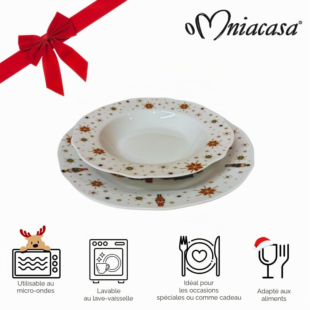 Service de Vaisselle de Noël en Porcelaine pour 6 Personnes avec Verres : 24 Pièces, Décorations avec Sapin de Noël Casse-Noix et Étoiles, Rouge et Blanc, Compatible Lave-Vaisselle et