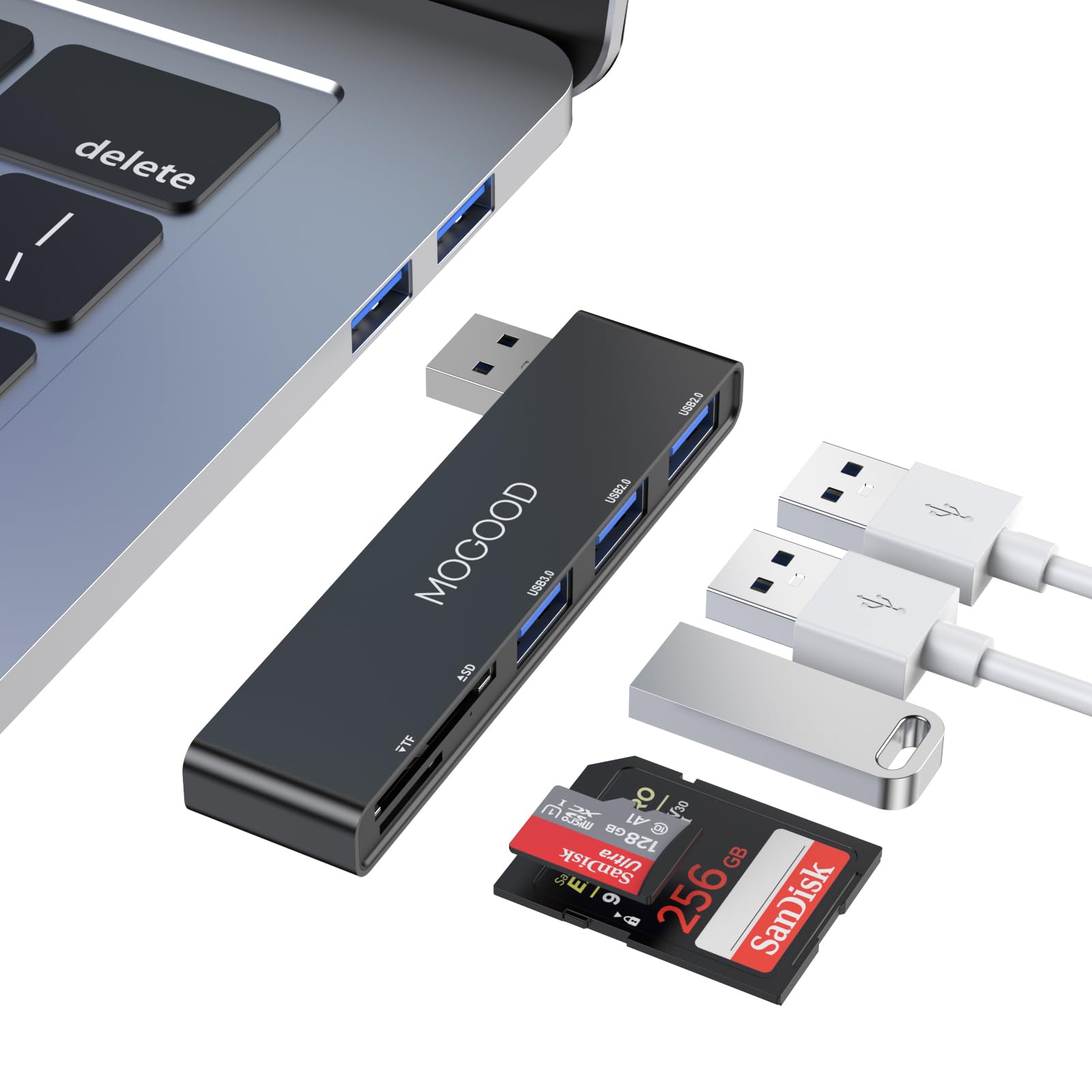 MOGOOD USBハブ 5 in 1 Type A ハブ 1*USB 3.0、2*USB 2.0、SD/TFカードリーダー、USBアダプタ 互換PCノートパソコン、デスクトップ、MAC、Macbook、ノートパソコン、PS 4、Xbox、Wii(ブラック，右)