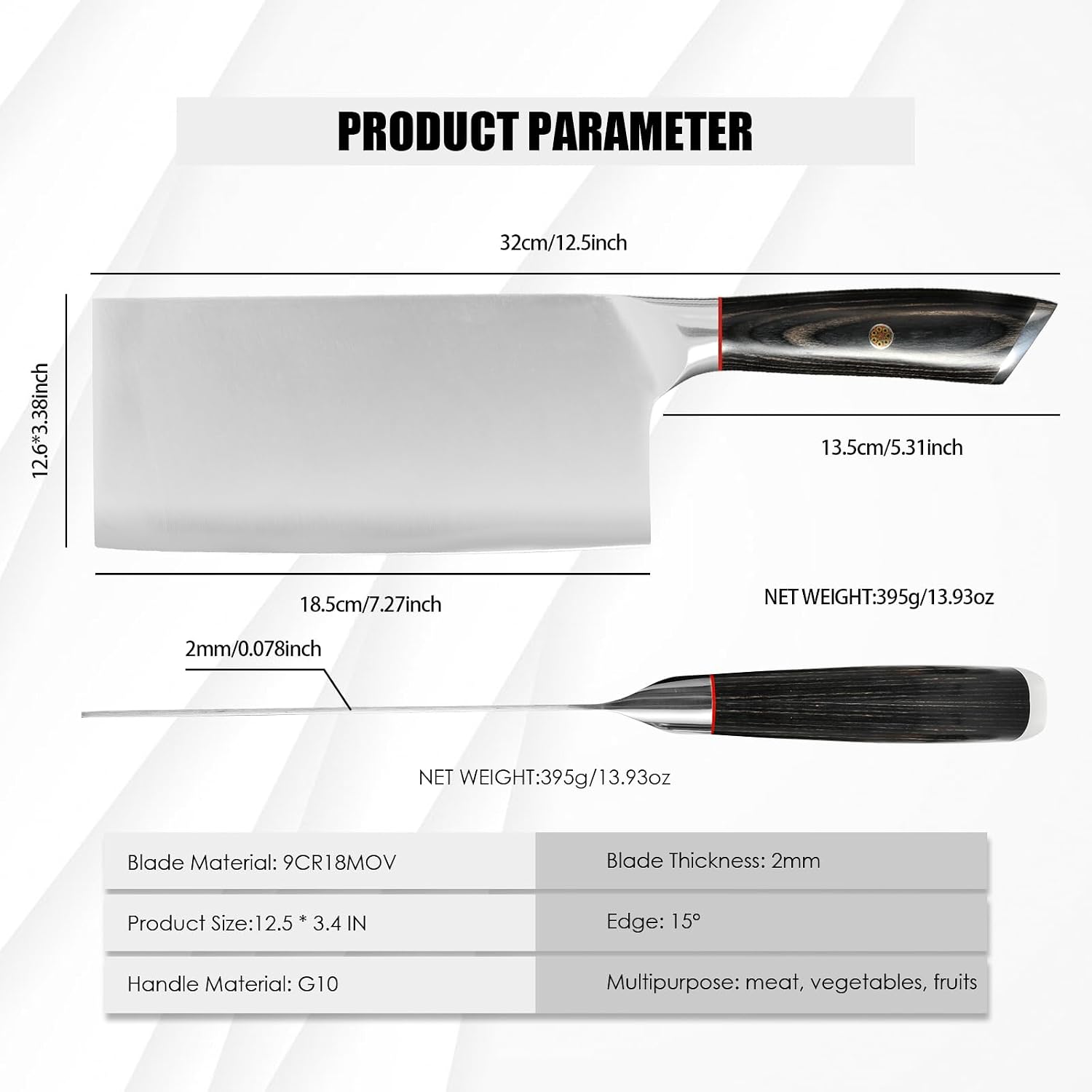 Japanese Carbon Steel Meat Cleaver Knife Professional 9CR18MOV Butcher Knife Sharp Kitchen Chopper Knife for Meat Vegetable with G10 Handle