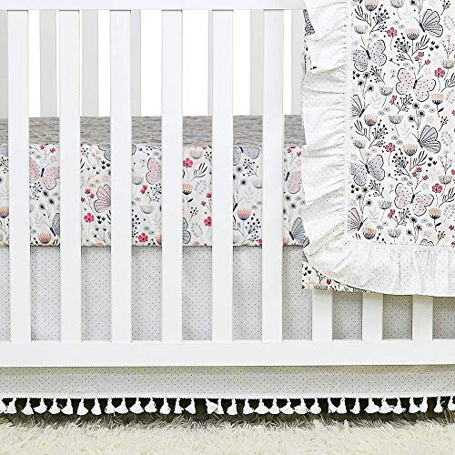 Brandream Butterfly Crib Bedding Sets For Girls Pink Farmhouse Floral Nursery Bedding With Diaper Stacker, 4 Piece Ruffle Baby Blanket Tassel Skirt, 100% Cotton #TOP4