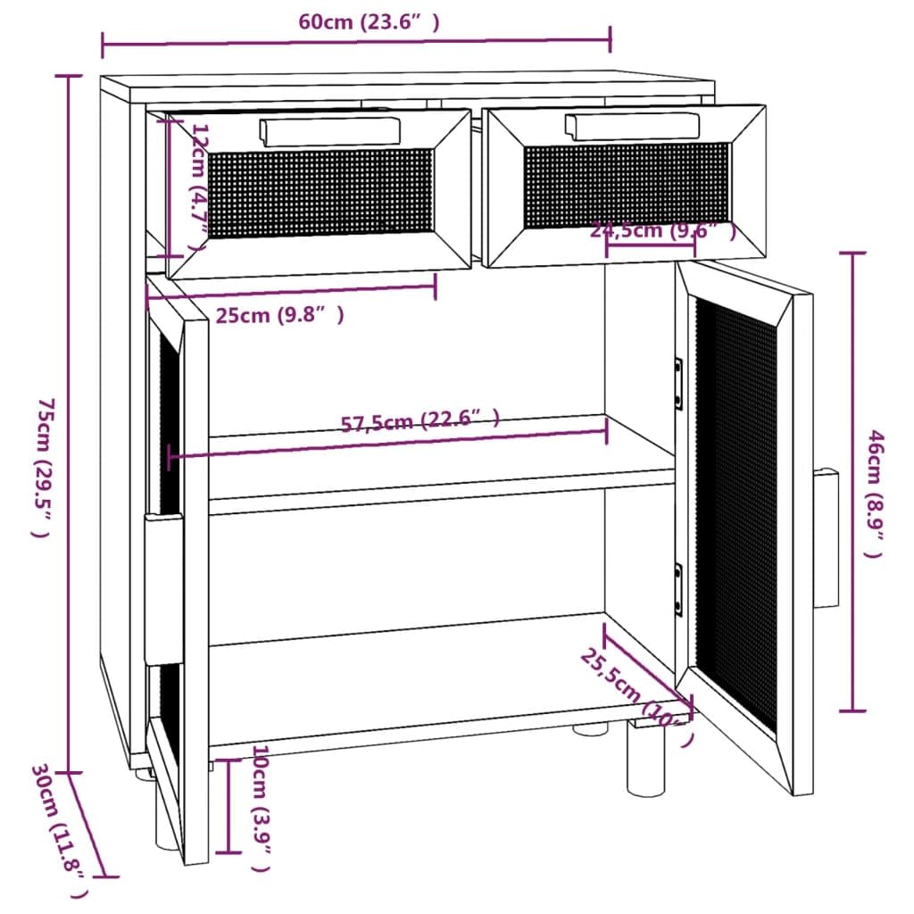 vidaXL Buffet Armoire de Rangement Organisateur de Maison Meuble de Salle de Séjour Intérieur Noir 60x30x75 cm Bois de Pin Massif et Rotin Naturel
