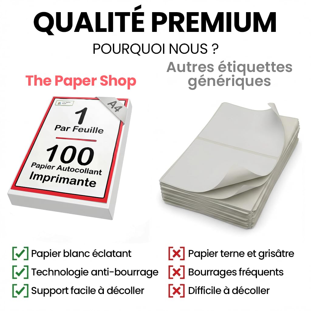 The Paper Shop Étiquettes Autocollantes A4 Feuille Unique | 100 Feuilles Imprimables Blanches 297 x 210 mm | Papier Autocollant Imprimante A4 | Étiquettes Bureau Expédition