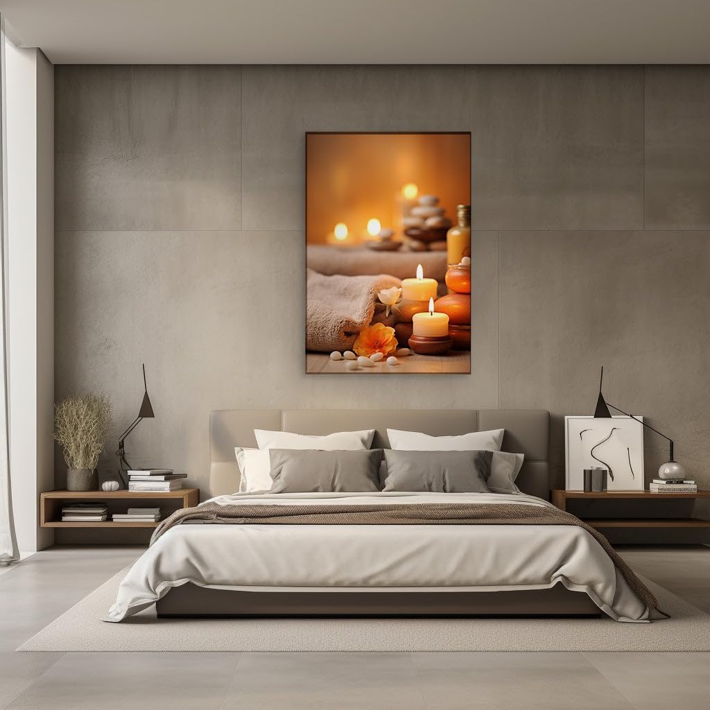 Canvas for Living room. Serenity in Bloom: Discover the Essence of Spa Bliss in a Candlelit Oasis, 27 x 18 inch Canvas Wall Art - Contemporary Masterpieces - Modern Home Decor