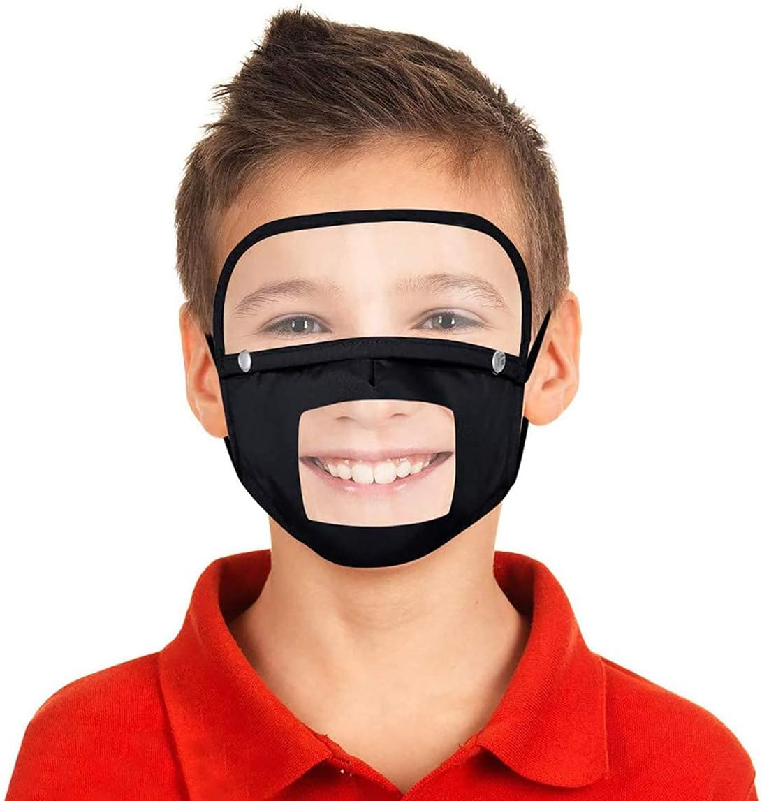 Dust Mask with Detachable Transparent Eye Shield Goggle, Breathable Washable Unisex Face Cover, Can see the Mouth Clearly (Black, Child)
