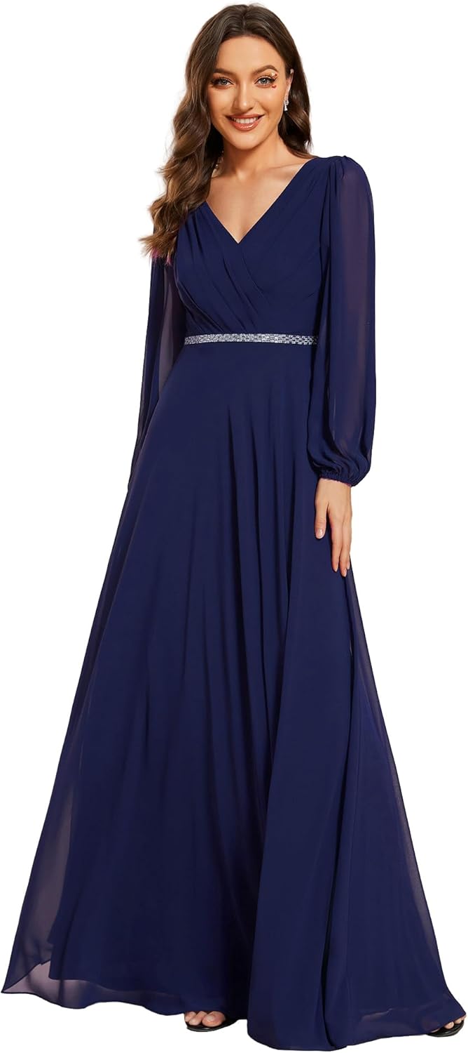 Ever-Pretty Women's Mother of The Bride Dresses Long Sleeves V Neck Empire Waist A Line Beading Formal Evening Dress 01981