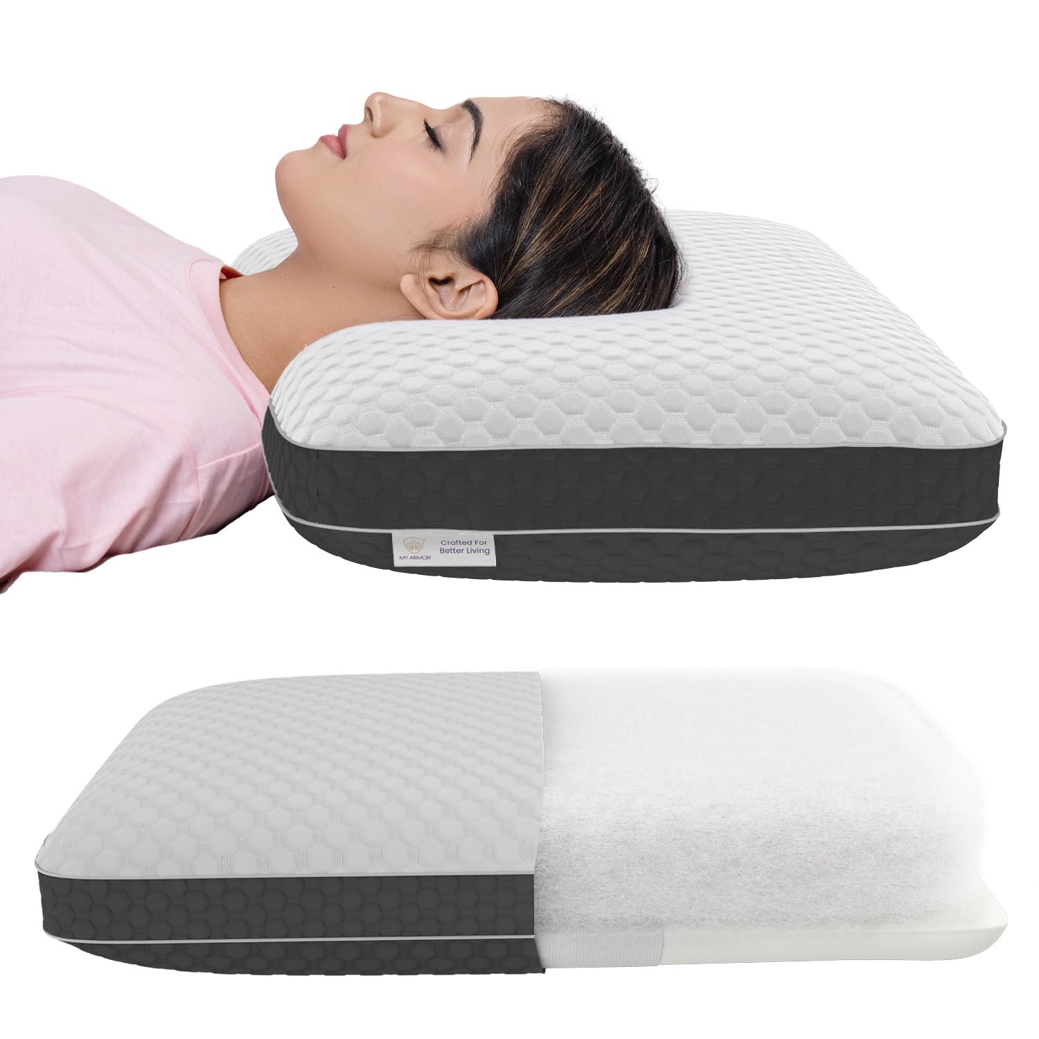 MY ARMOR Hybrid Pillow – Dual Firmness for Custom Comfort | Memory Foam Side for Stable Head & Neck Support, Microfiber Side for Soft, Cloud-Like Feel | 25x15.5x5 Inches | Bamboo Cover, White-picture-15