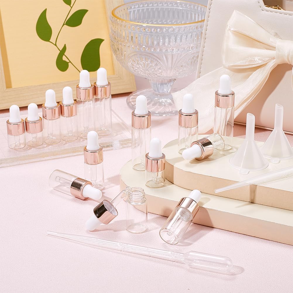 GORGECRAFT 30Pcs Glass Dropper Bottles 5ml 3ml 1ml Empty Mini Bottles with Dropper Pipettes Funnel Rosy Golden Aluminum Alloy Cap Refillable Sample Container Set for Perfume Essential Oil