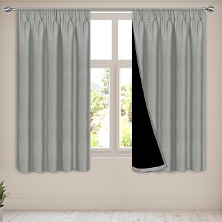 Grey 100% Blackout Curtains for Bedroom, 117 * 137cm(W*L) Thermal | Heat-insulated, pleated opaque, pleasantly drape, super soft, for living room, kitchen and windows, 2 panels
