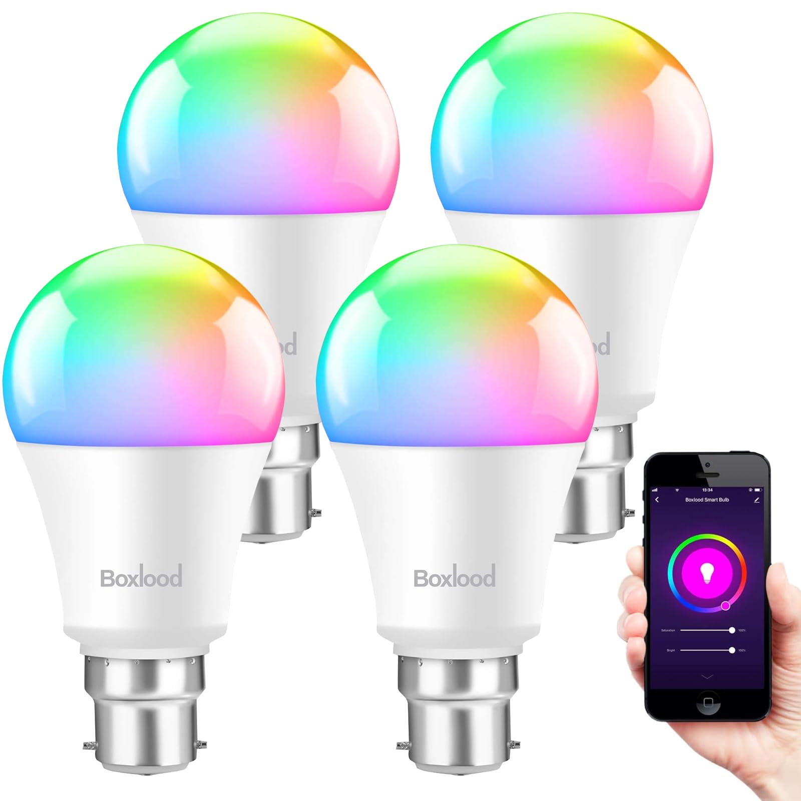BoxloodSmart Bayonet Light Bulb, 4 Packs RGB Color Changing LED Light Bulb Work with Alexa Echo Google Home, 60W Equivalent, Dimmable 2700K-6500K Warm to Cool White, No Hub Required