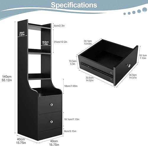 Miniatura 2 de Mesita de noche negra, mesa de noche moderna de 55 pulgadas con estantes abiertos de 4 niveles y 2 cajones, mesita de noche de madera con cajones