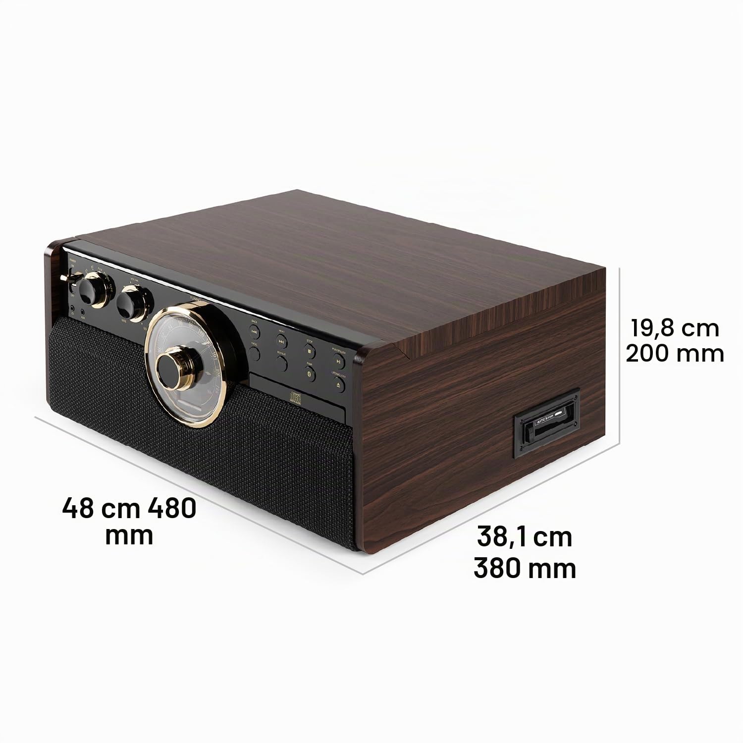 Victrola Empire – Tocadiscos Mid-Century 6 en 1 con Bluetooth, Radio, Casete, CD, Altavoces Integrados, Salida RCA y Entrada Auriculares (Nogal Farmhouse)