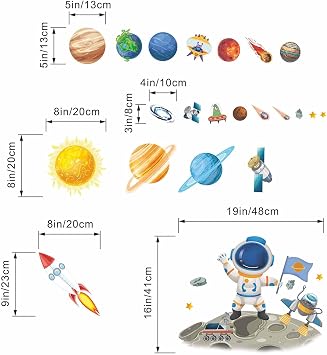 Outer Space Wall Decals for Kids: Peel and Stick Planets Astronaut Rocket Wall Stickers - Wall Art Decor Kids Supplies Ages 1-12 Year