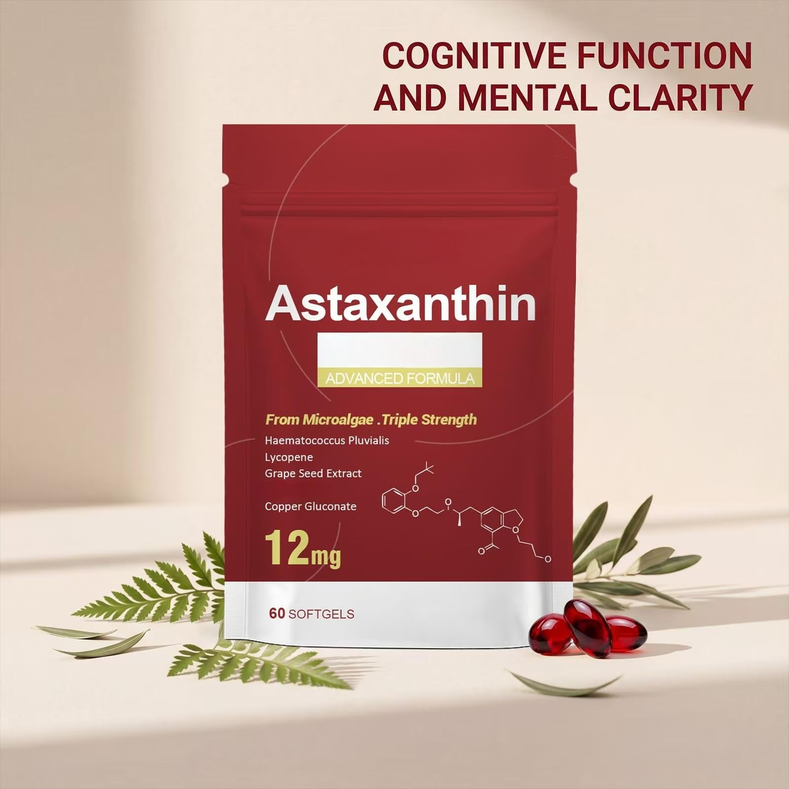 Astaksantyna 12mg – źródło świeżych mikroalg dla antyoksydantów, 60 szt