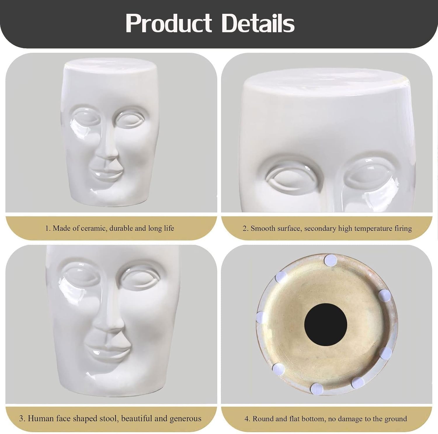 Decorative Ceramic Garden Stool, Glazed Human Face Shape Drum Stool Shoe Changing Stool, Suitable for Living Room, Balcony, Garden, Etc. (Color : Silver)