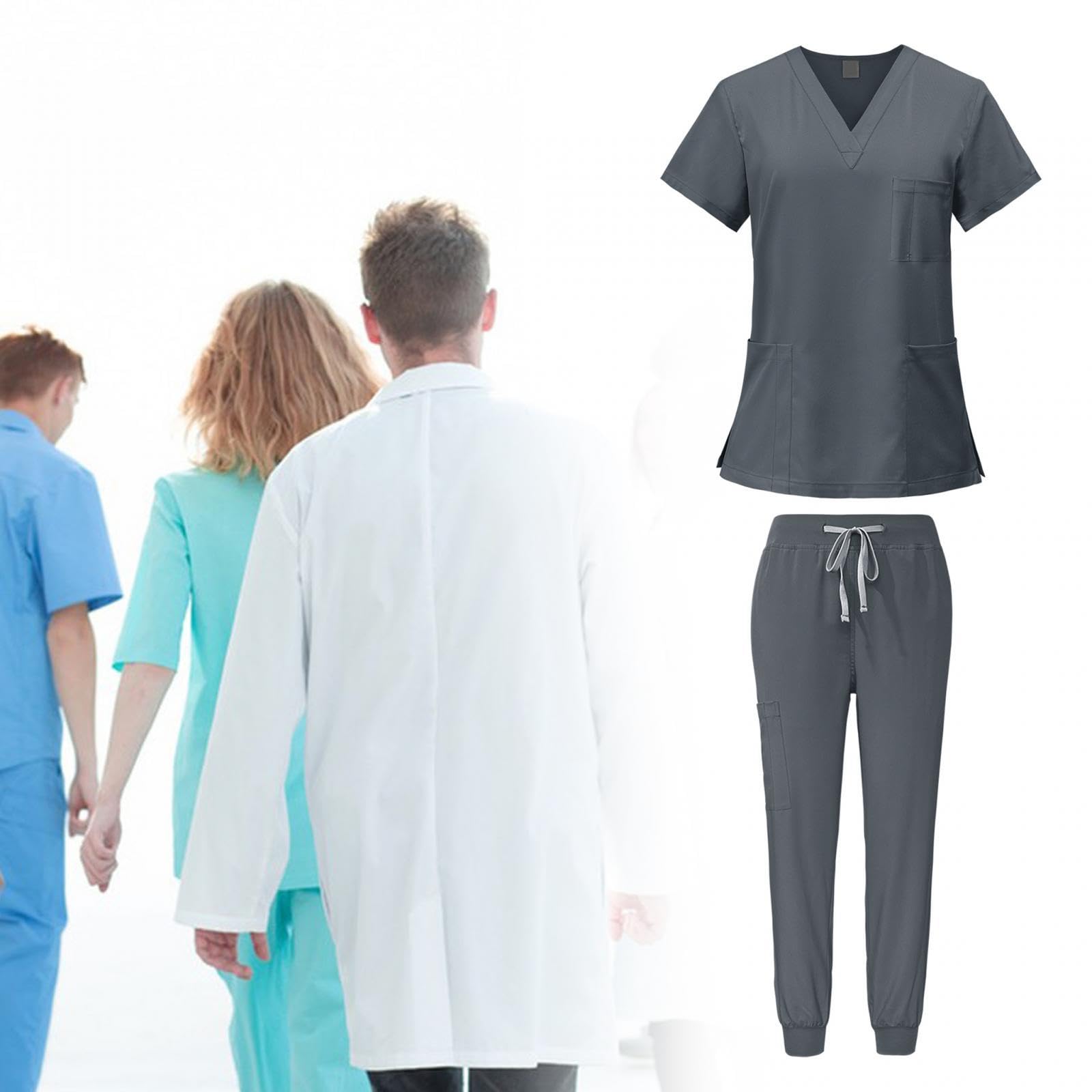 LOVIVER Female Scrub Set Nurse Workwear V Neckline Professional Machine Washable Top and Joggers Pant Work Clothing for Beauty Center, Gray, M