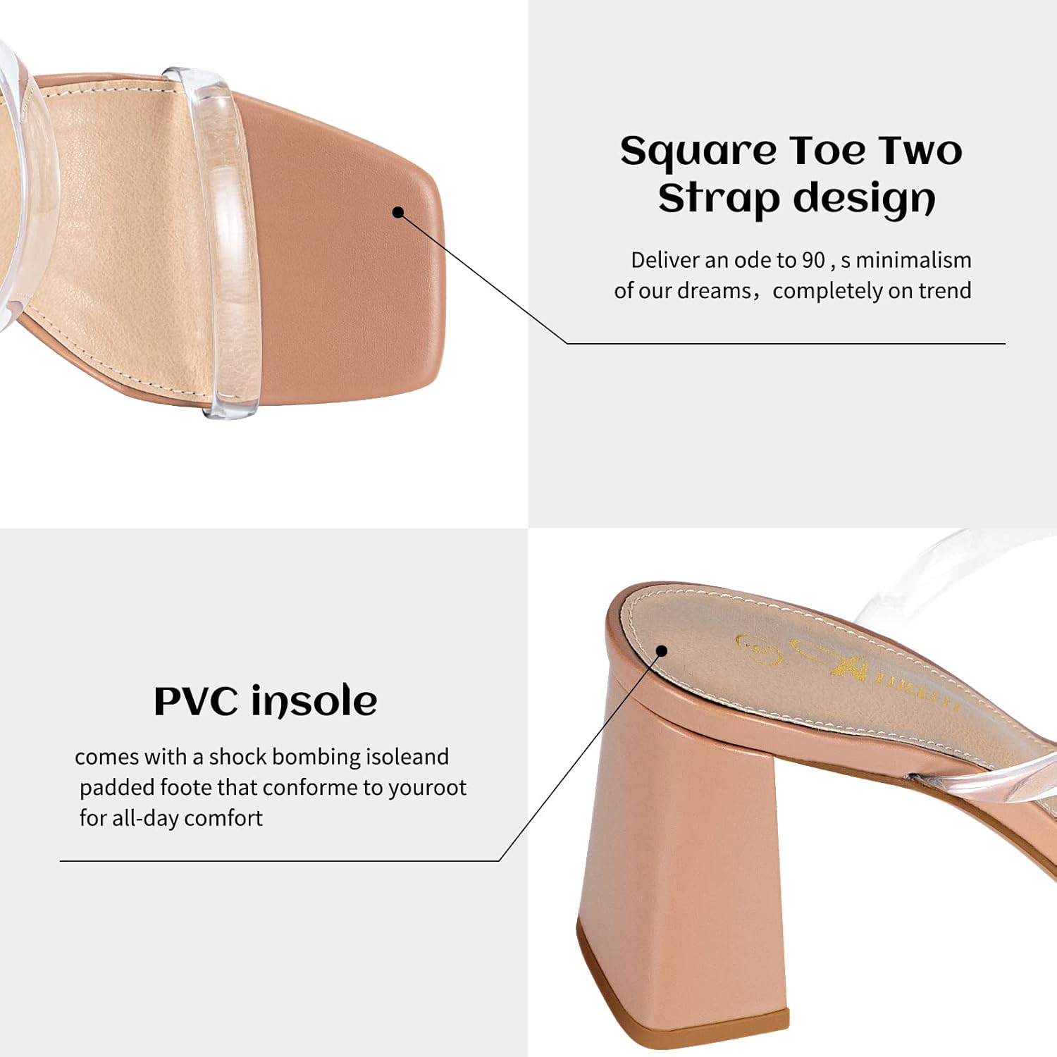 Athlefit Women's Square Open Toe Two Strap Heeled Sandals Slip On Block Chunky Heels Sandals - Image 4