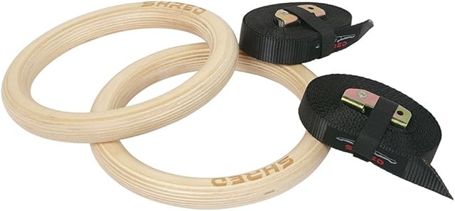 Jazooli Pair of Wooden Wood Gymnastic Olympic Gym Rings 2x Strong Non-Slip Comfortable 230mm Hoops with Adjustable Straps Workout Strength Core Training