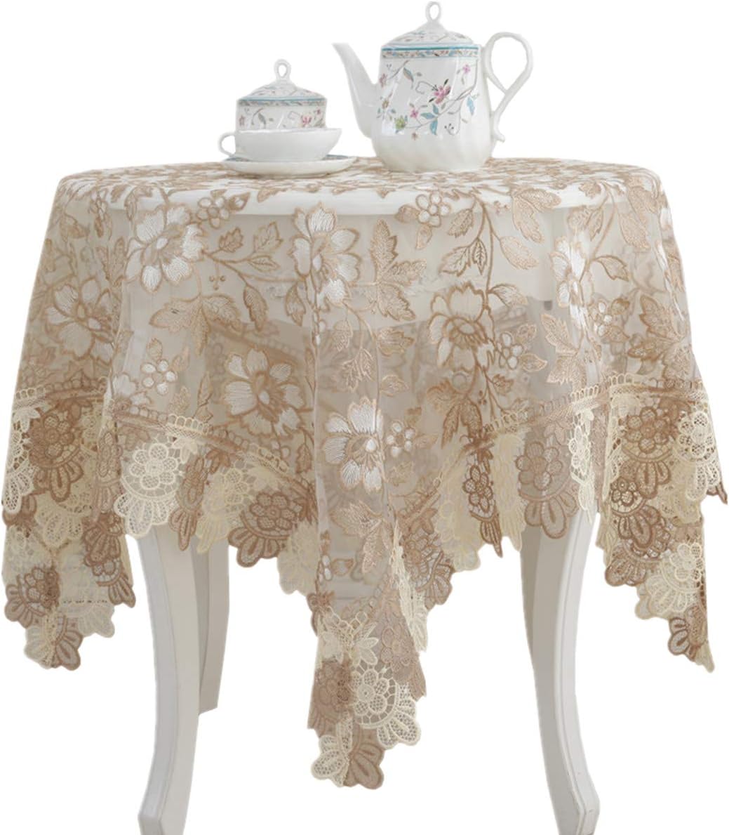 Lace Polyester Round Tablecloth Embroidery Round Table Cloths for Party Wedding Kitchen Dining Home Decorations, Round - 48", Beige