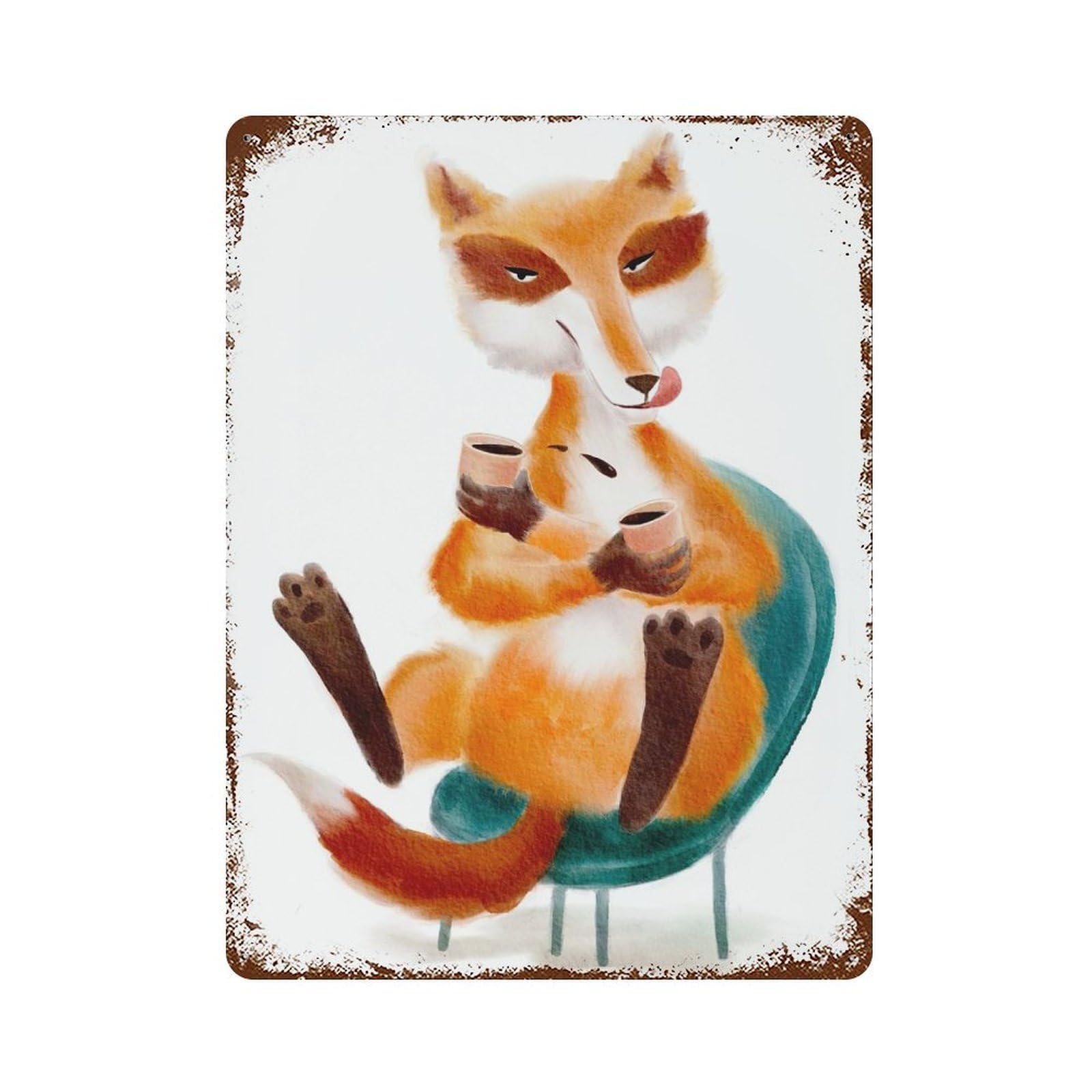 Cute Fox Drinking Coffee Weathered Tin Sign 15.7"x11.8", Novelty Wall Decor for Garage, Pub Or Kitchen
