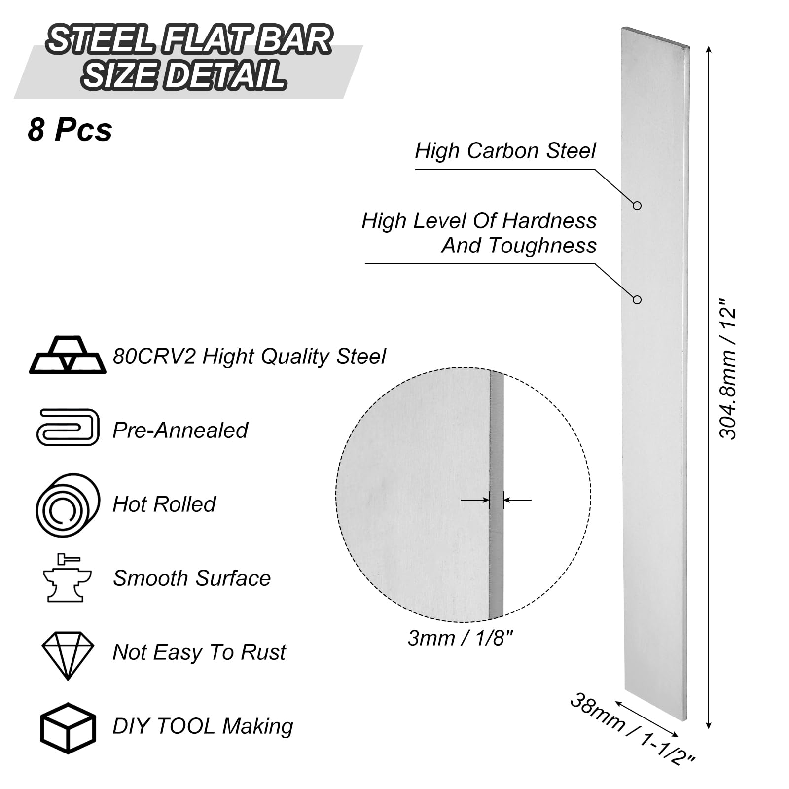 PATIKIL 8 Paquete 80CRV2 Acero para Cuchillo Elaboración Acero, 12" x 1 1/2" x 1/8" Acero Plana Barra para Bricolaje en Blanco Hoja Metal, Plana Barra Profesional y Aficionado Uso