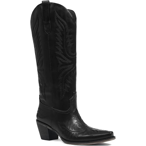 Tscoyuki Cowboy Boots for Women: Embroidered Western Knee High Boots Women - Pointed Toe Chunky Heel Cowgirl Tall Boots