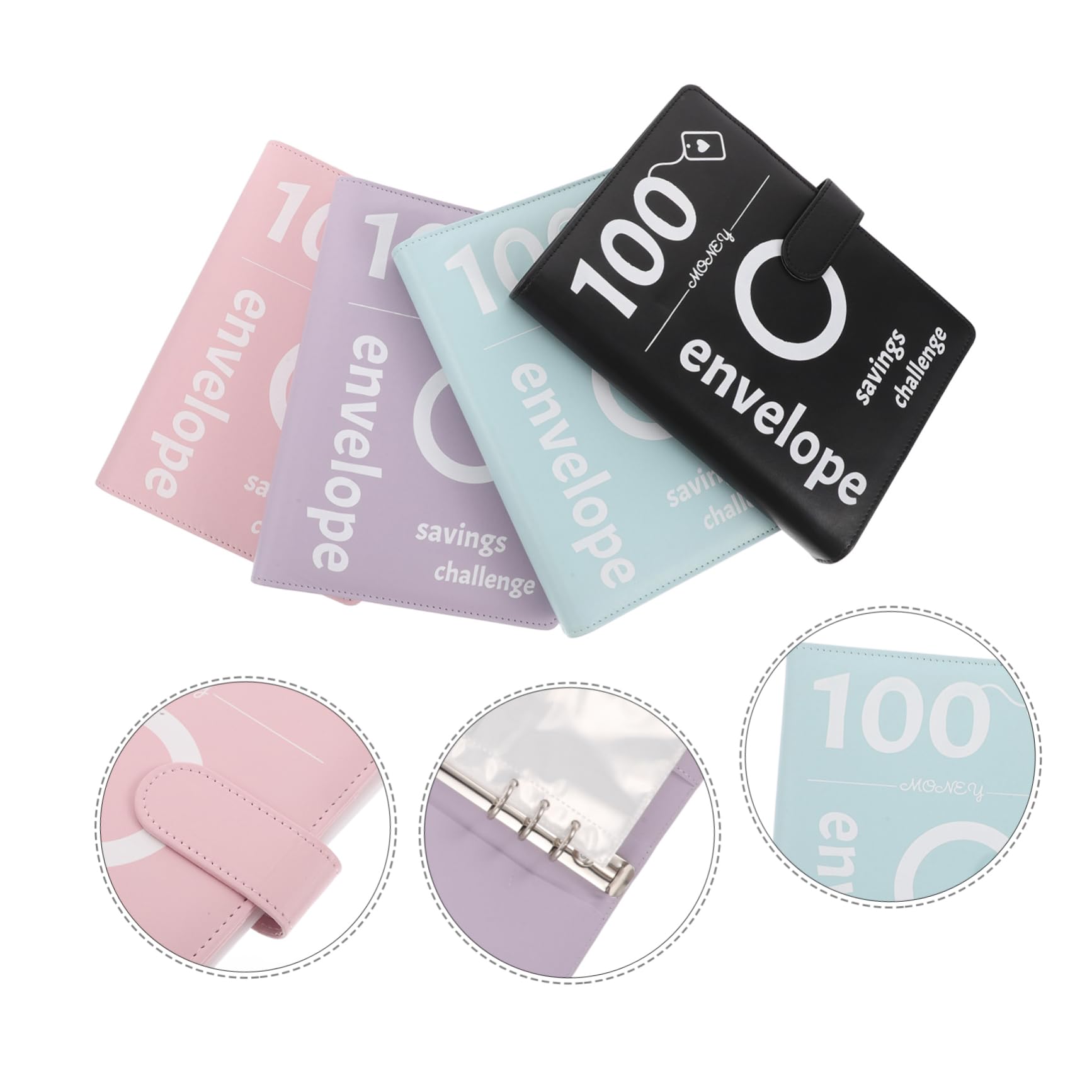 Quaderno ad Anelli per Gara di Risparmio 100 Buste, 4 Set | Pu, Plastica e Metallo, Buste Trasparenti Incluse, Stile Elegante per Coppie e Uso Quotidiano