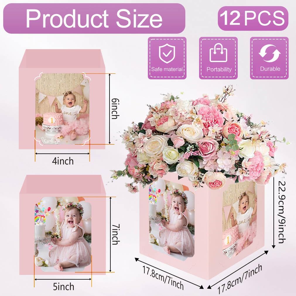 12PCS Birthday Photo Centerpieces for Tables, Pink Table Centerpiece Box 6/7 Inch Picture Display Reusable Photo Props Frame for Congrats Grad Graduation Wedding Party Favors Decoration