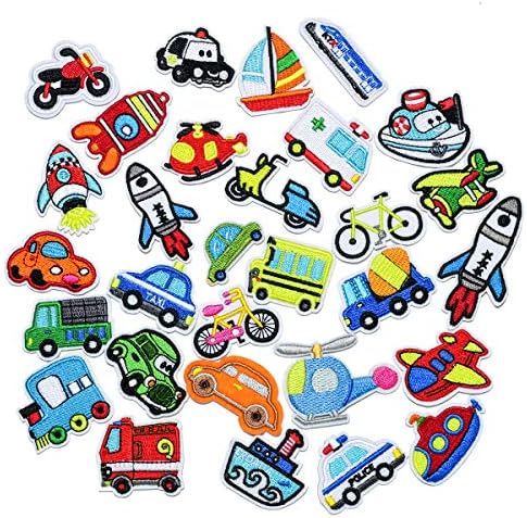 Assorted 30pcs Small Size Cartoon Vehicle Design Iron-On Patches - Embroidered Appliques for Kids' Clothing, Featuring Iron-On Car, Airplane, Spaceship, and Truck Patches for Jeans and Backpacks