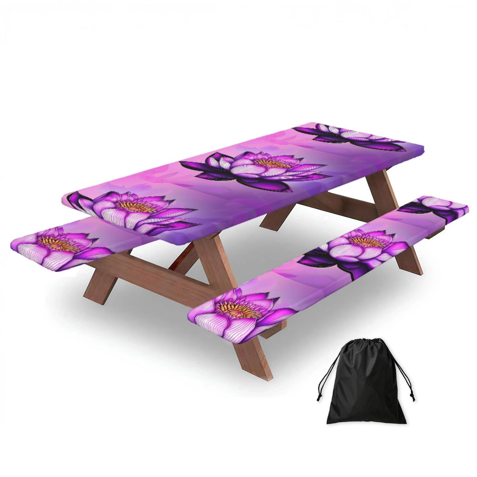 Erwqavc Black Purple Lotus Print Picnic Table Cover & Bench Covers 3-Pack Set, Elastic Tablecloths For 6 Ft Rectangle Tables