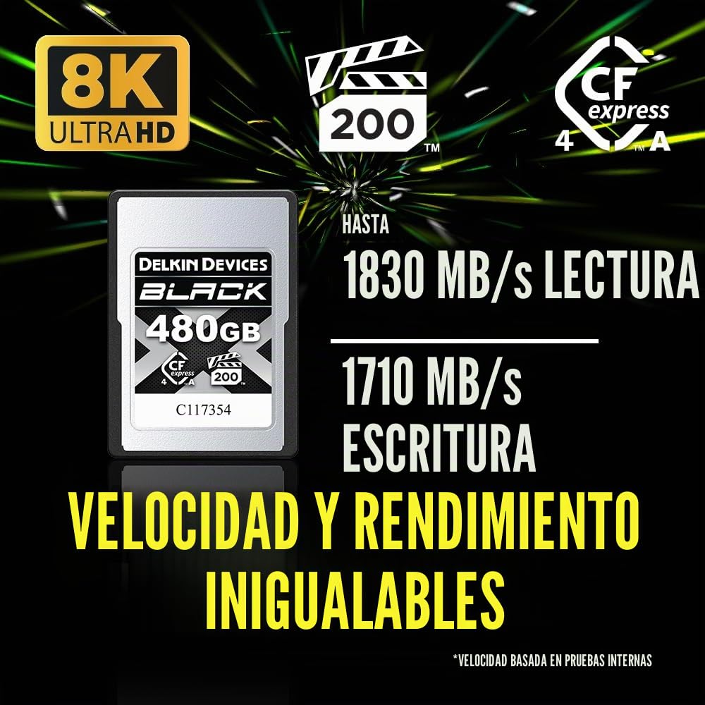 Delkin Devices Tarjeta de memoria CFexpress tipo A negra de 480 GB, hasta 1830 MB/s de lectura, velocidades de escritura de 1710 MB/s para video 8K, 6K y 4K, VPG200