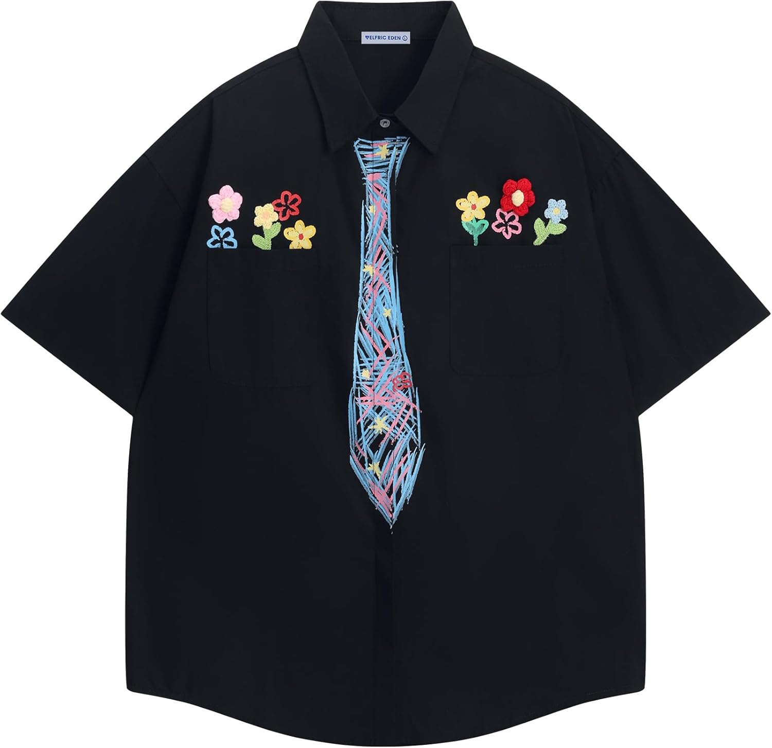 Aelfric Eden Men's Button Down Shirts Handcrafted Floral Short Sleeve Shirt Graffiti Necktie Casual Shirts Summer Beach Tops