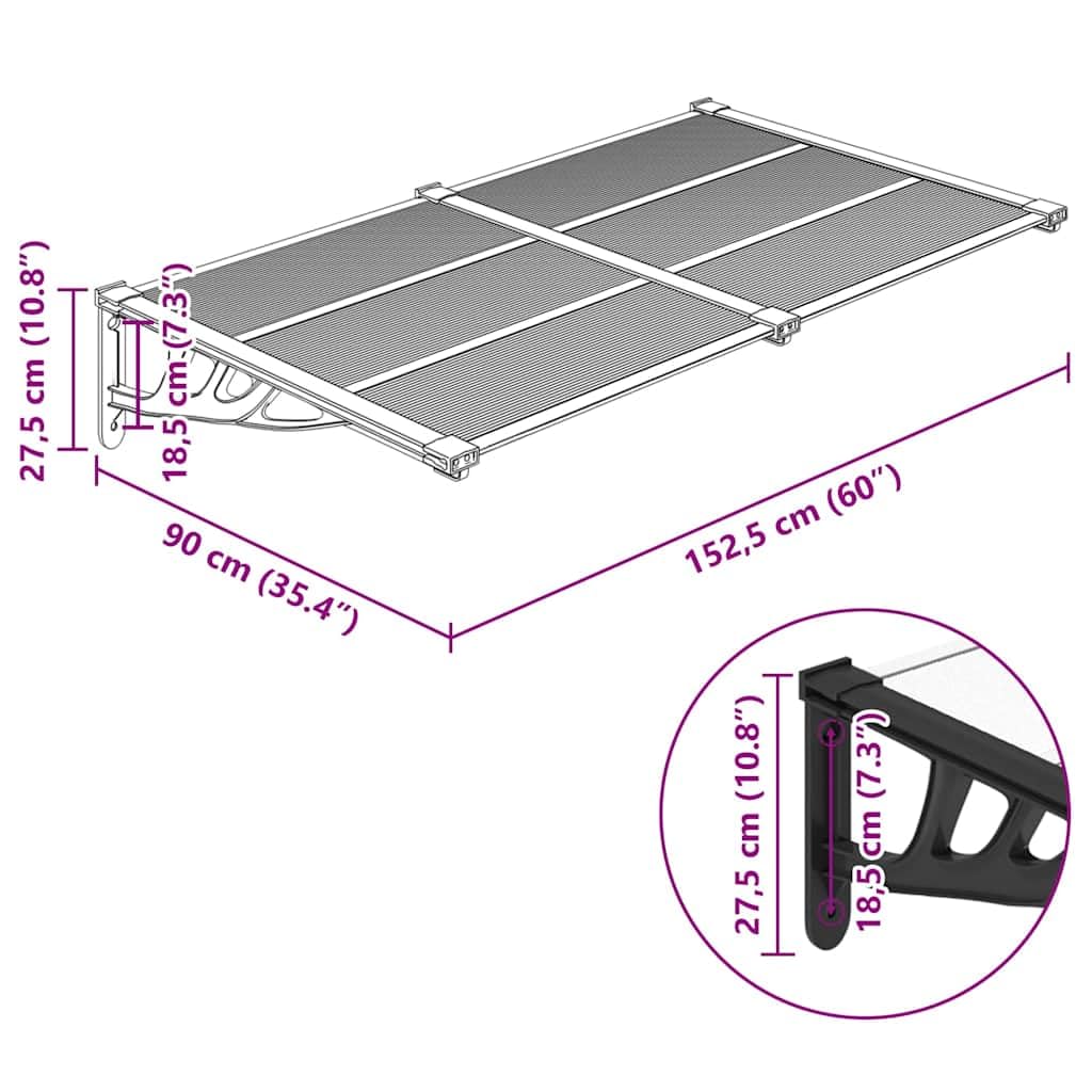vidaXL Türvordach Überdachung Haustür Pultvordach Türdach Haustürvordach Haustürdach Vordach Regenschutz Schwarz Transparent 152,5x90cm Polycarbonat