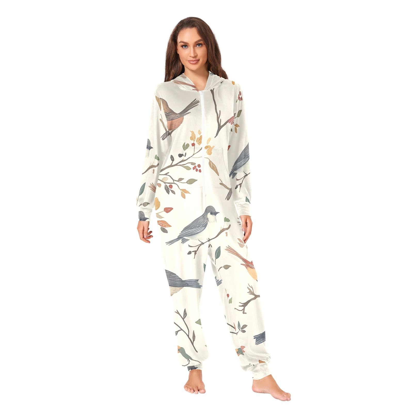 Pigiama intero natalizio con foglie e uccelli colorati, con cappuccio e cerniera, in pile, per donne e uomini, XL