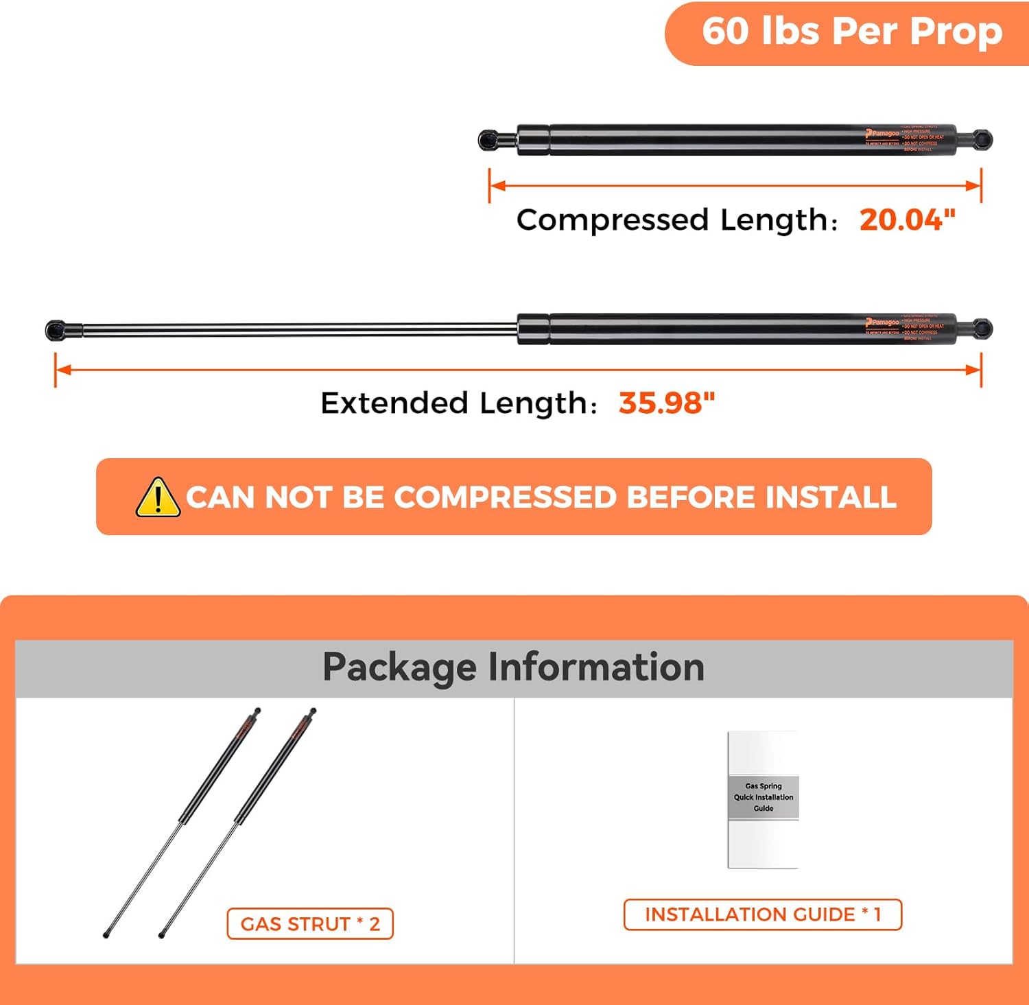 C16-10198 Gas Strut 36 Inch 60 lbs, 36" Gas Shock for Pickup Undercover Truck Bed Cover Tonneau Cover Travel Trailer Heavy Duty Basement Door Lift Spring, 2 Pack