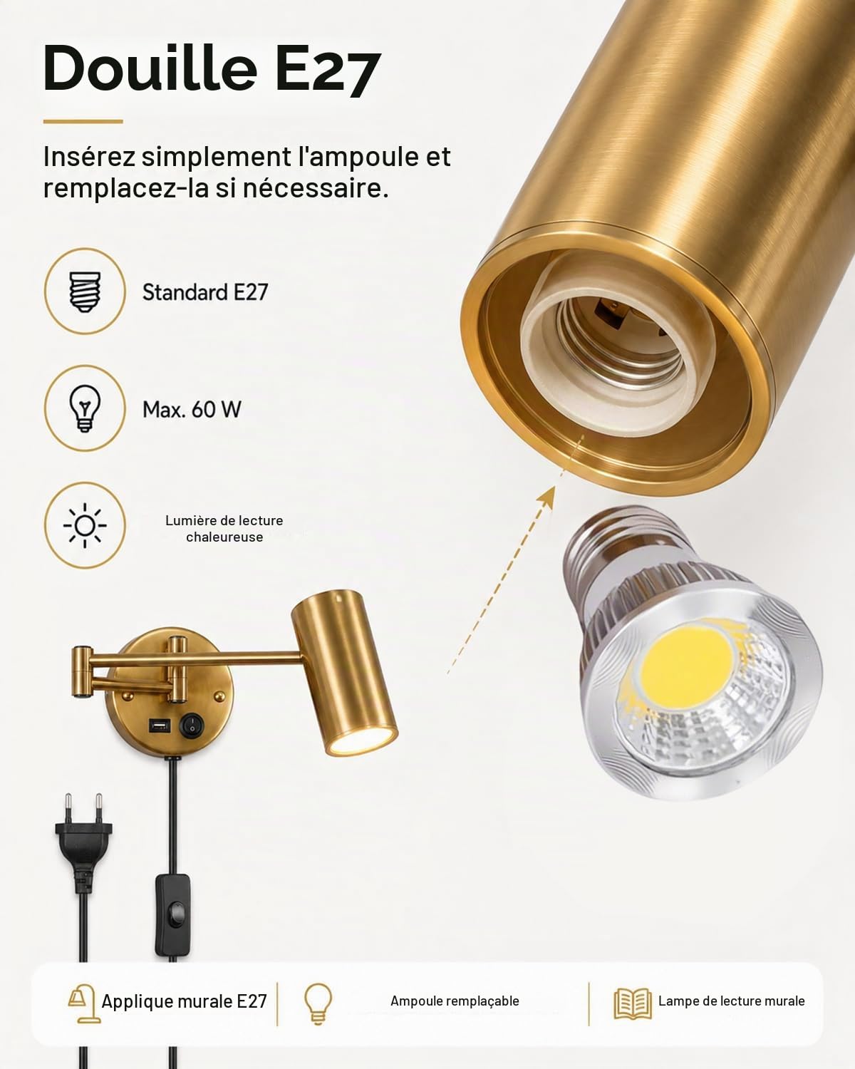 Lampe de Lecture Murale avec Prise et USB, E27, Dorée