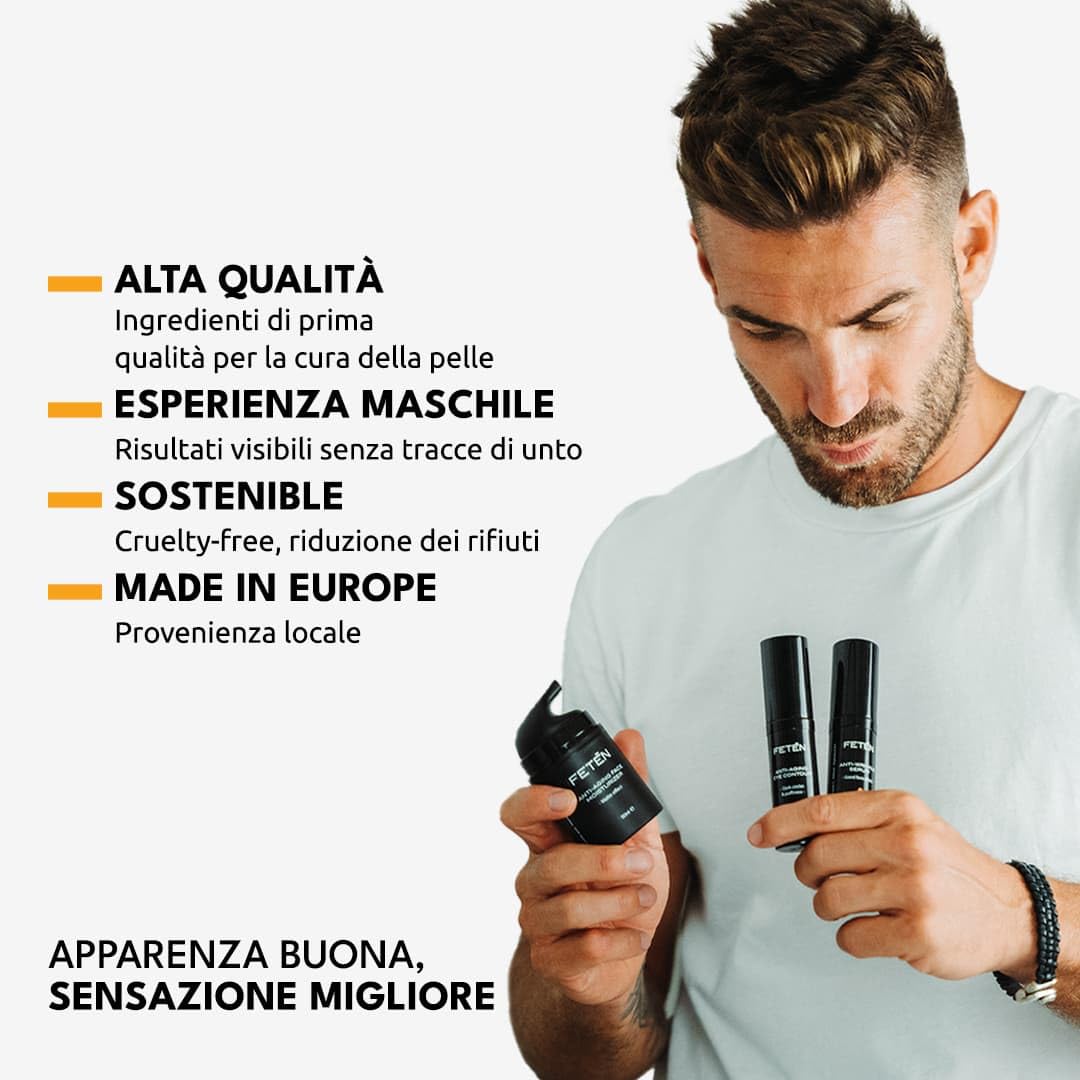 FETEN Skincare Cofanetto Regalo Uomo - Set Antietà Idratante con Crema Viso Antirughe, Contorno Occhi Antiocchiaie e Siero Vitamina C - Kit Cosmetica e Cura della Pelle Uomo