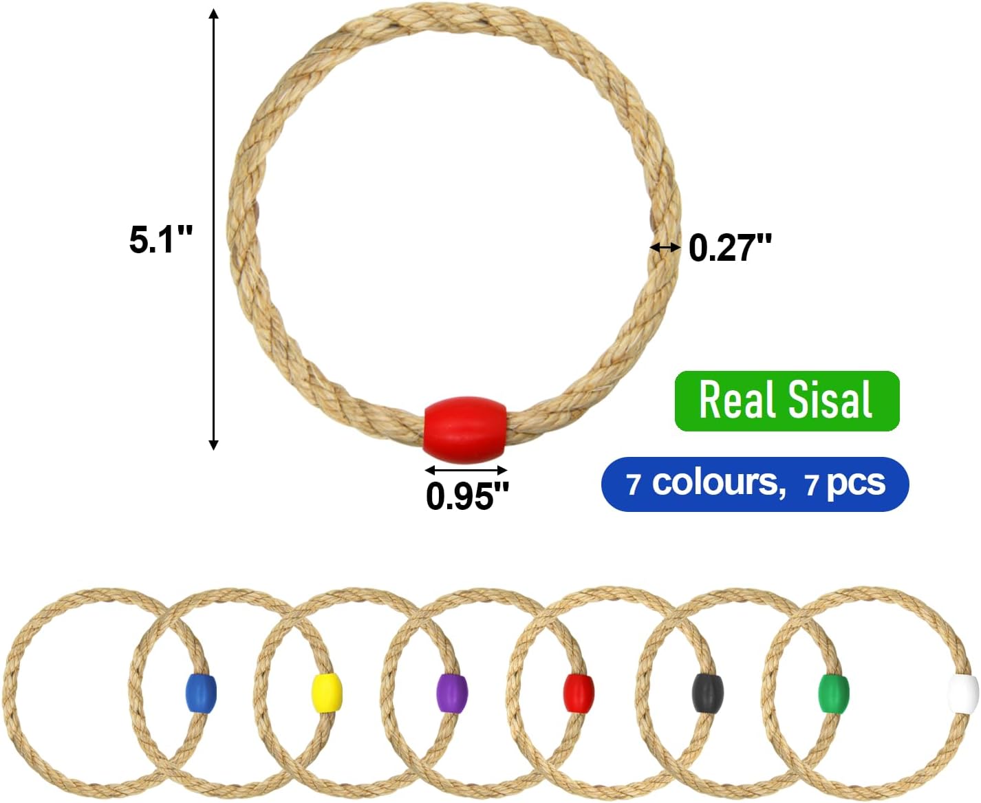 7 Pack Sisal Rope Ring Toss Game Replacement Parts for Adults and Kids, Outdoor Toss Rings for Agility Practice and Yard and Lawn Games for Party(7 Colors-Red,Blue,Yellow,Green,Purple,Black,White)