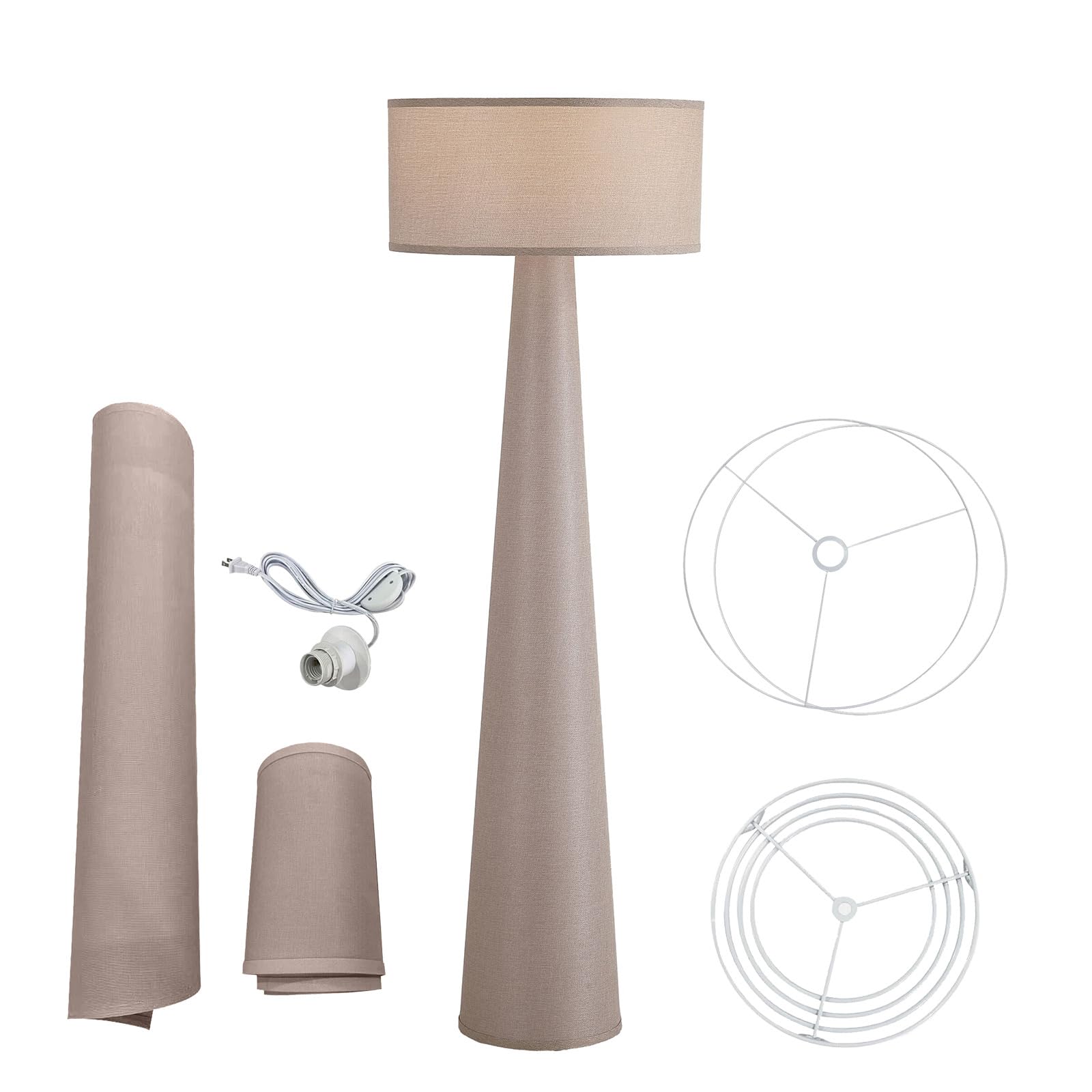 Lampa podłogowa, gałąź i knot, wysoka stojąca lampa lniana z kloszem z tkaniny, żarówka LED w zestawie - elegancka lampa narożna do salonu, sypialni, biura - taupe