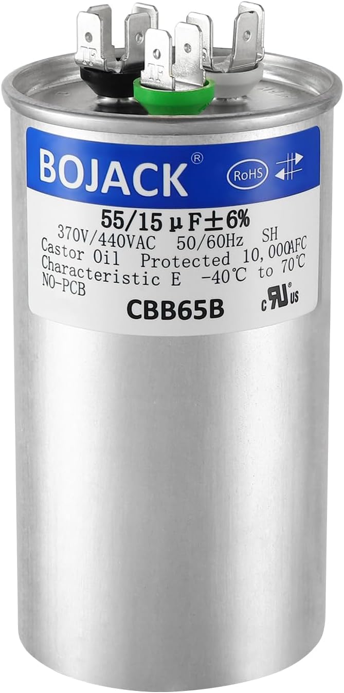 BOJACK 55+15 uF ยฑ6% 55/15 MFD 370/440 VAC CBB65B Dual Run Start Round Capacitor for Condenser Straight Cool or Heat Pump Air Conditioner or AC Motor and Fan Starting