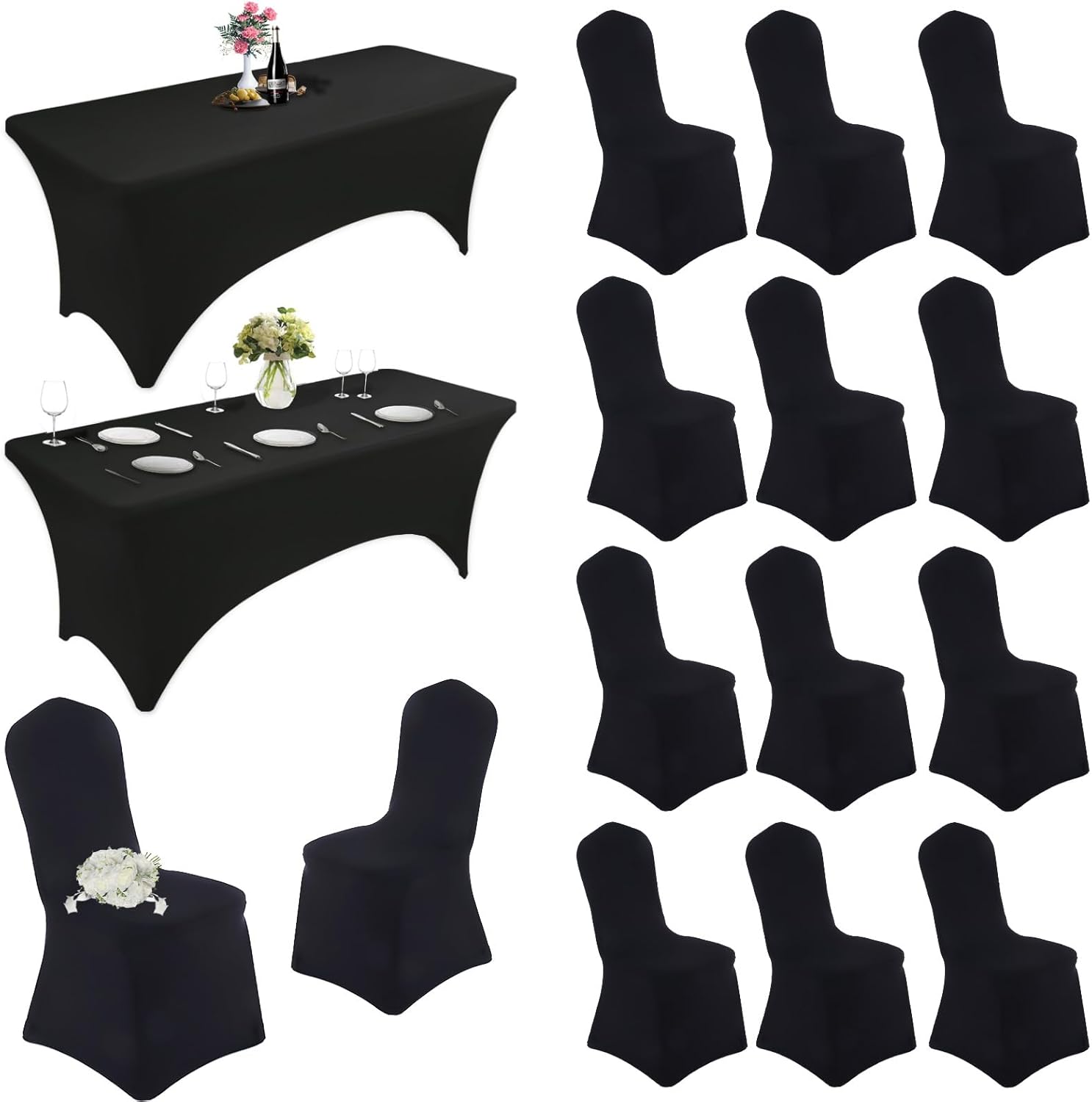2 Pack Spandex Table Cloth & Chair Covers - 6 FT Black Stretch Fitted Tablecloth for Dining Wedding Kitchen Party Banquet