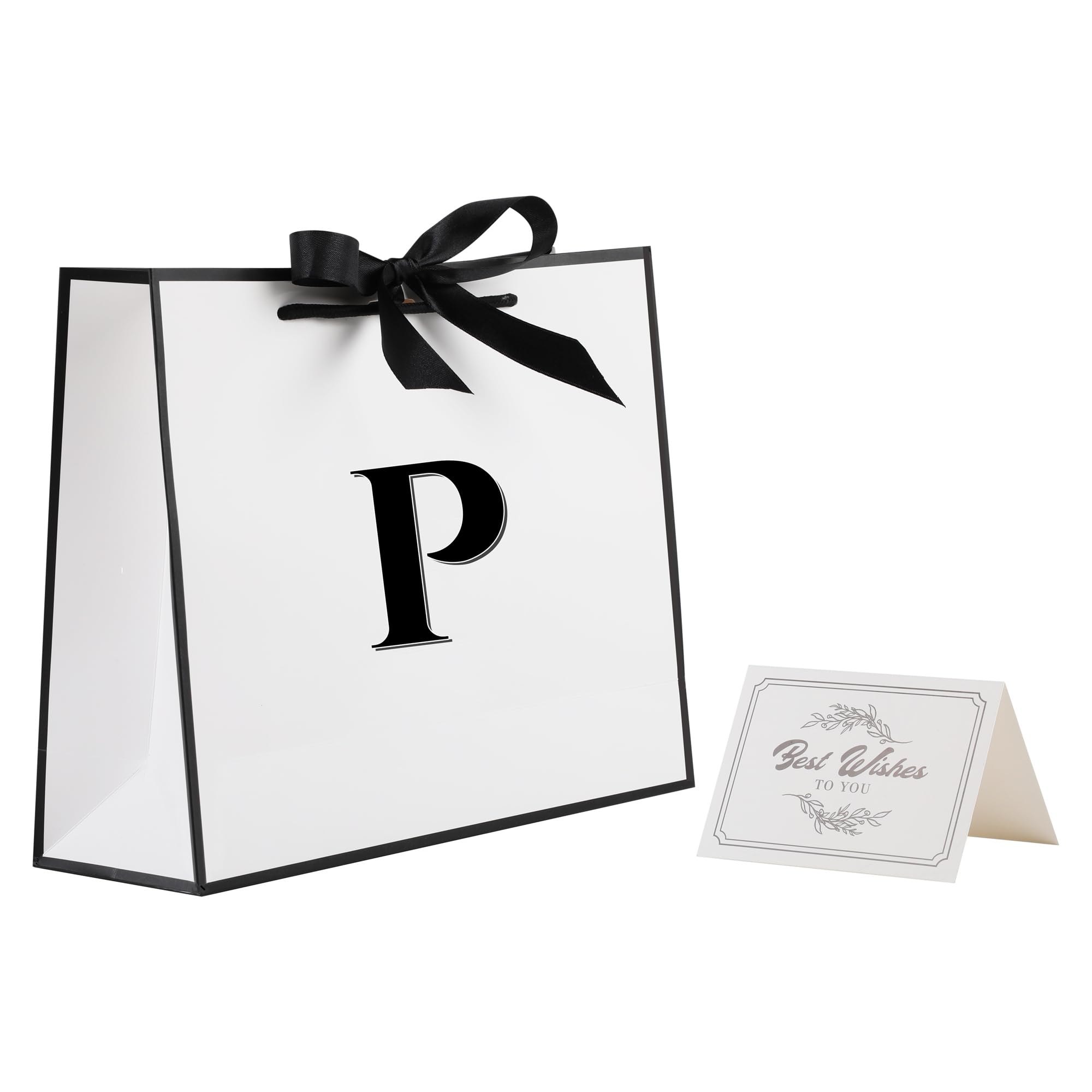 STOBOCTER Initial Gift Bag with Bow Ribbon and Card for Women Men, 16" x 11" Large White Black Paper Gift Bag, Personalized Letter Paper Bag for
