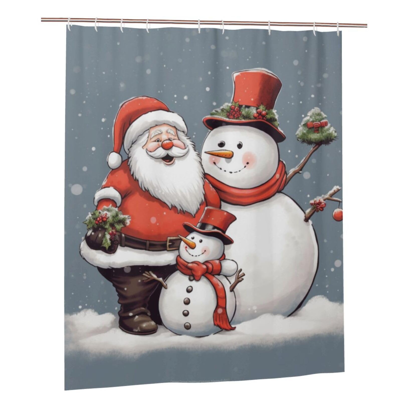 BWWHCCTI Santa Claus and Snowman Printed Shower Curtain With 12 Plastic Hooks Opaque Quick Drying Waterproof Shower Curtains Sets For Bathroom 152x183 Cm