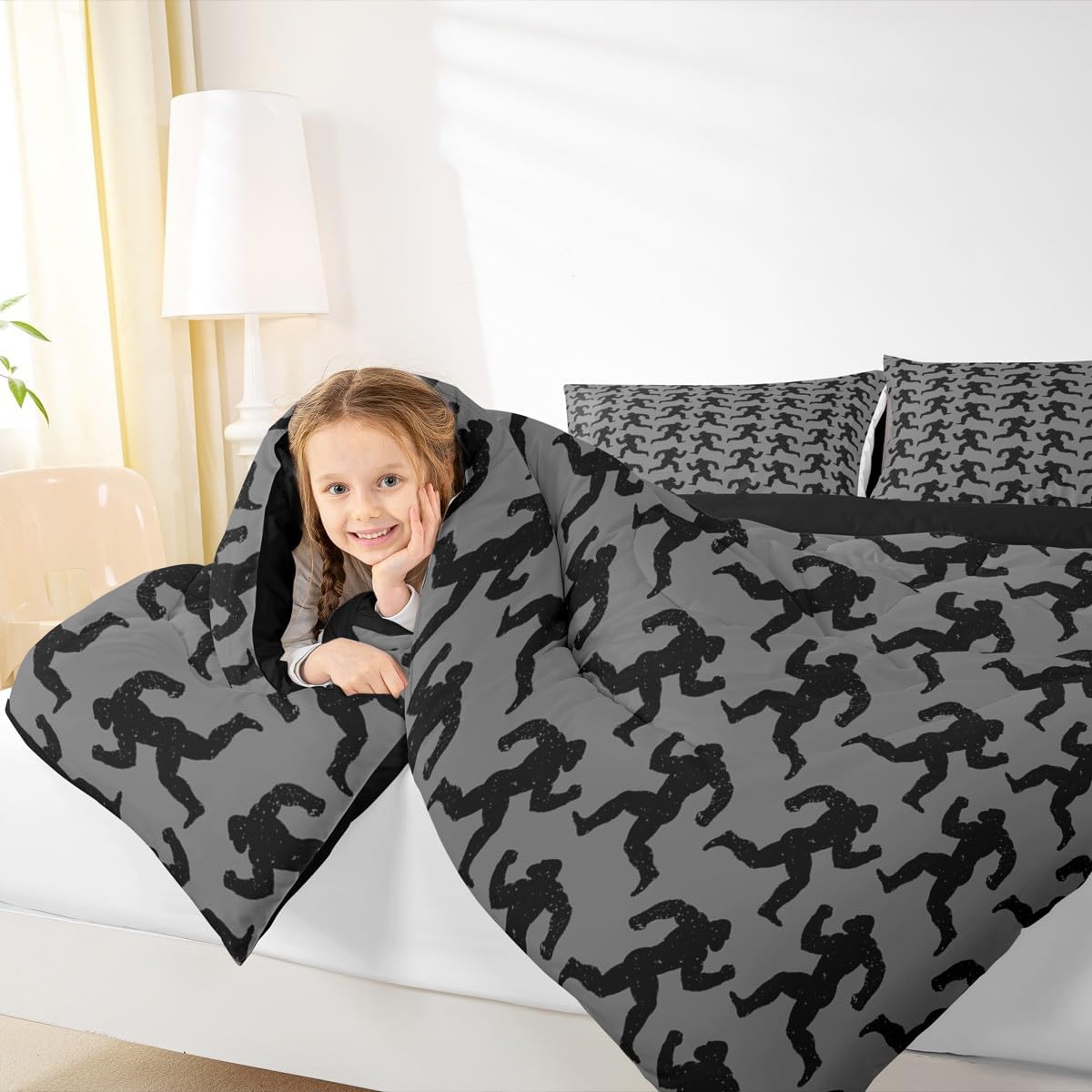Feelyou Foot Print Sasquatch Bedding Set Queen Size for Men Women Teens Kids Orangutan Hunting Vintage Comforter Set Boys Hunter Grey Black Duvet Quilt Wild Home Decor