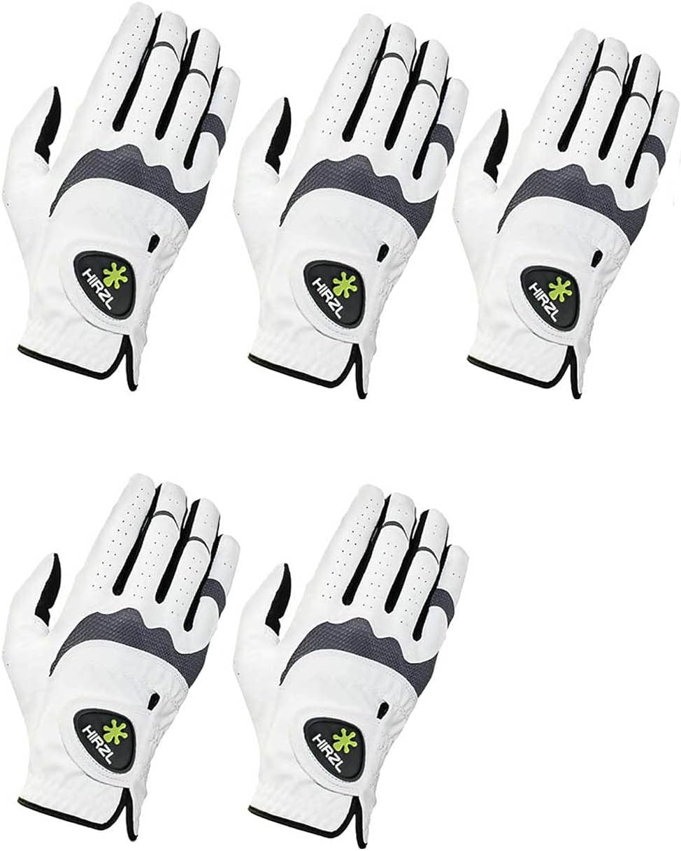HIRZL Trust Hybrid – Men’s All Weather Golf Glove | Kangaroo Leather | Ultimate Grip and Ergonomic Fit, White/Black (Pack of 5)